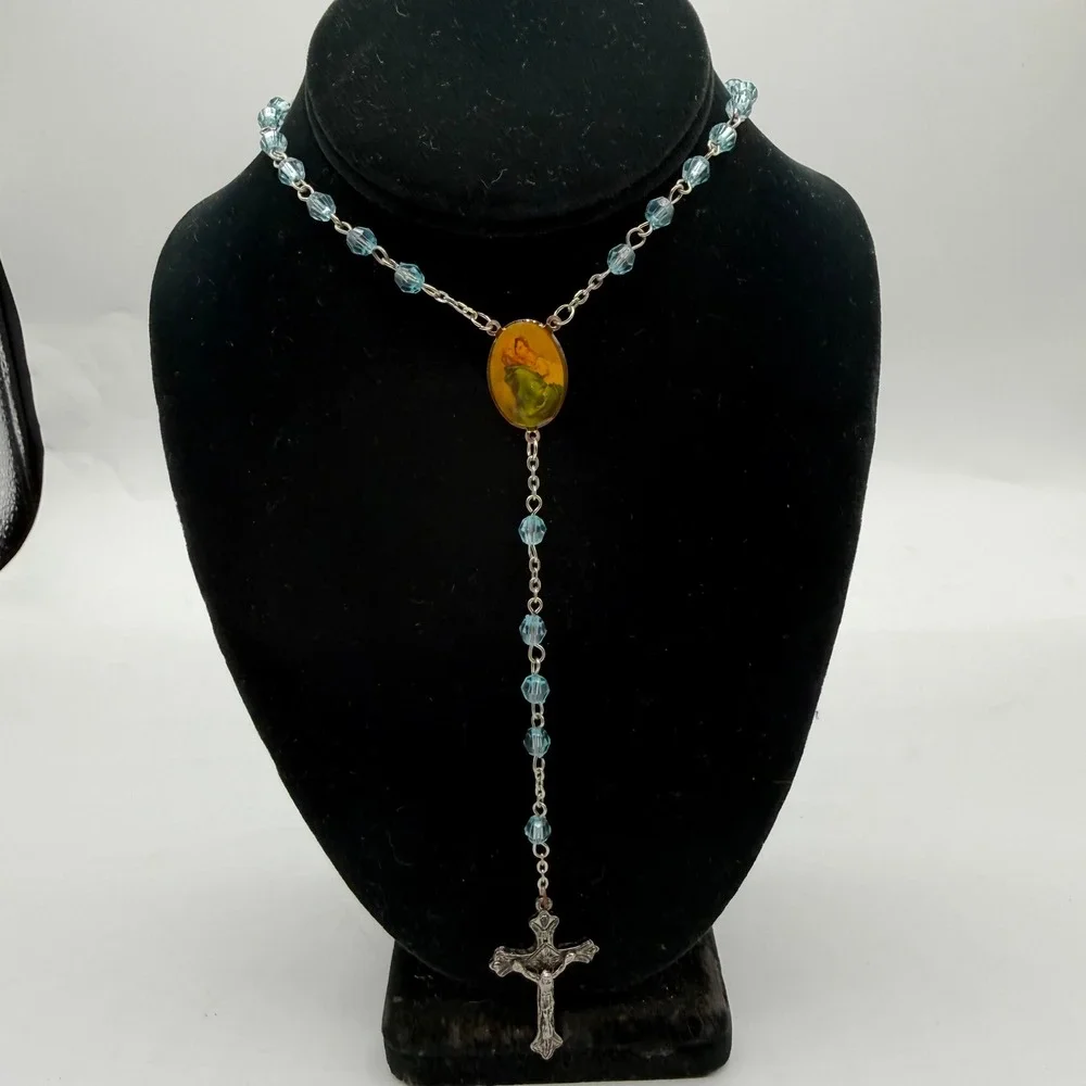Light Blue‎ Crystal Bead Rosary Silver Tone Madonna Child Medal Crucifix 20 Inch